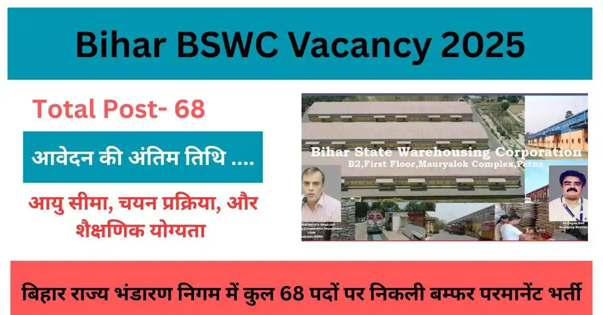 Bihar BSWC Vacancy 2025 | बिहार राज्य भंडारण निगम में कुल 68 पदों पर निकली बम्फर परमानेंट भर्ती