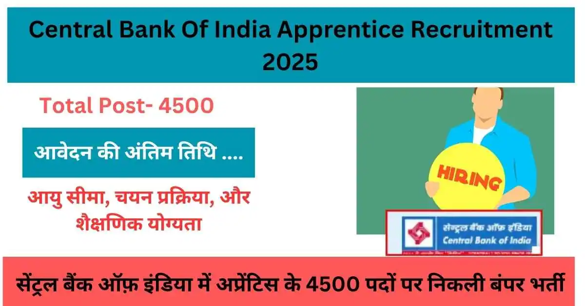 Central Bank Of India Apprentice Recruitment 2025 : सेंट्रल बैंक ऑफ़ इंडिया में अप्रेंटिस के 4500 पदों पर निकली बंपर भर्ती